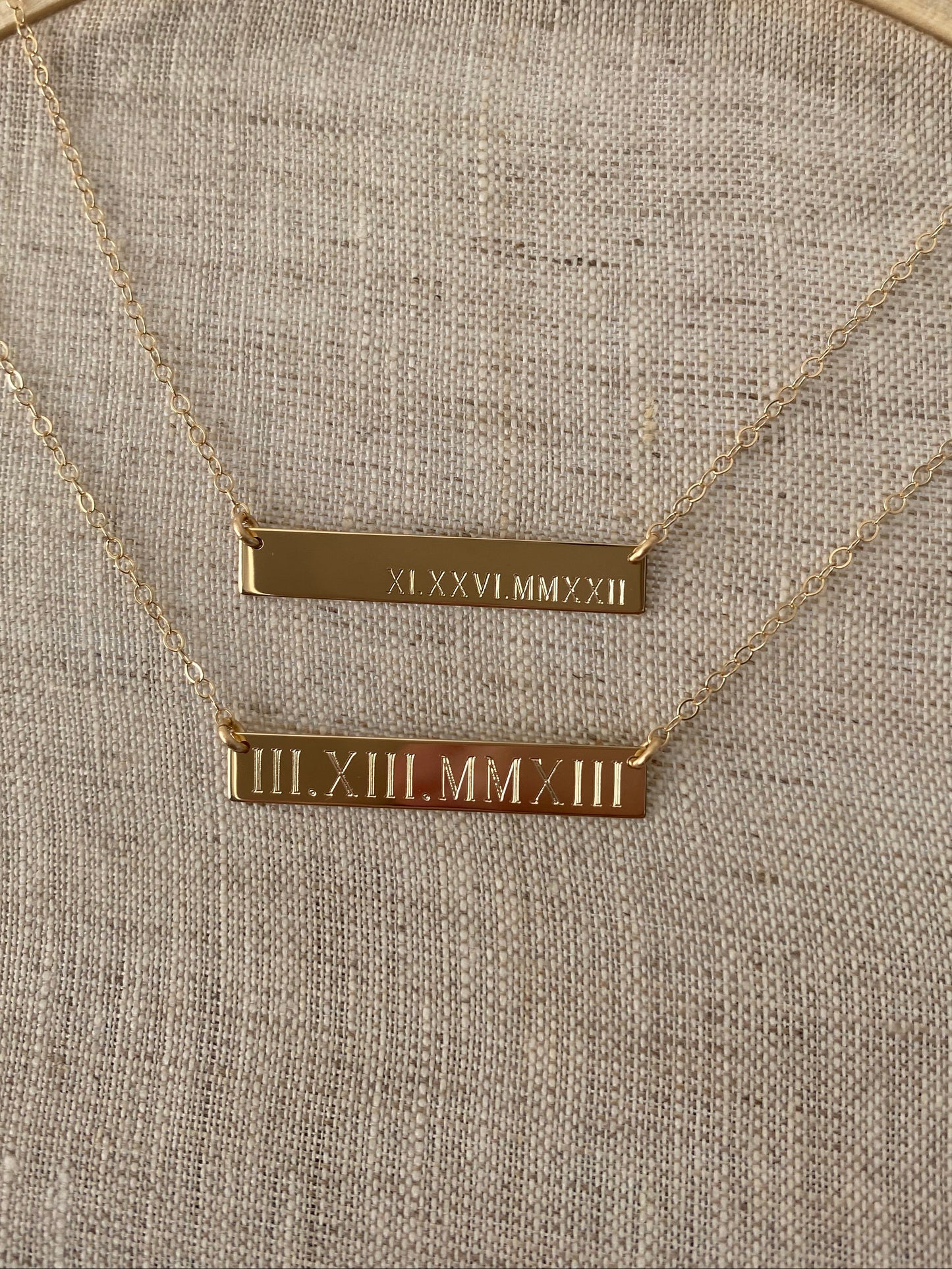 Engraved Roman Numeral Date Bar Necklace | Personalized Gold, Rose Gold & Silver Necklace