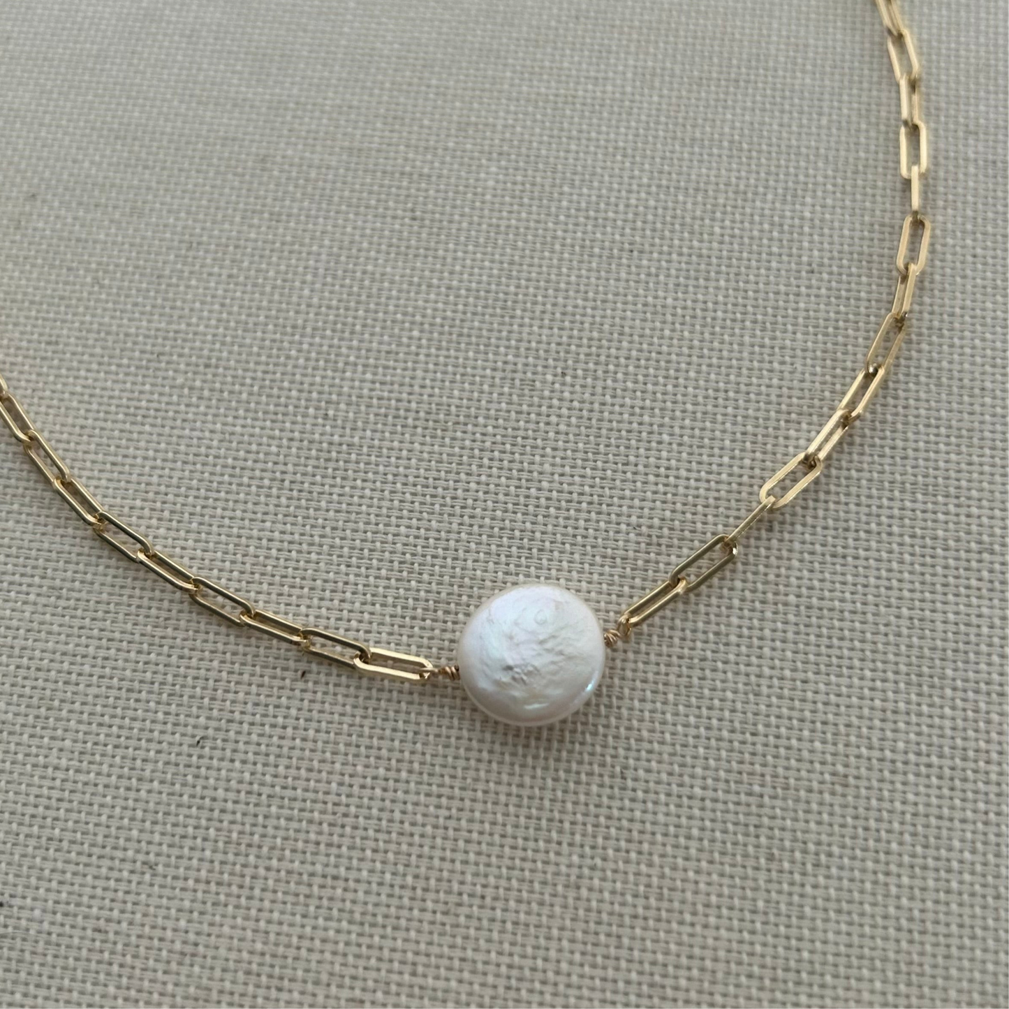 Coin Pearl Necklace on Paperclip Chain