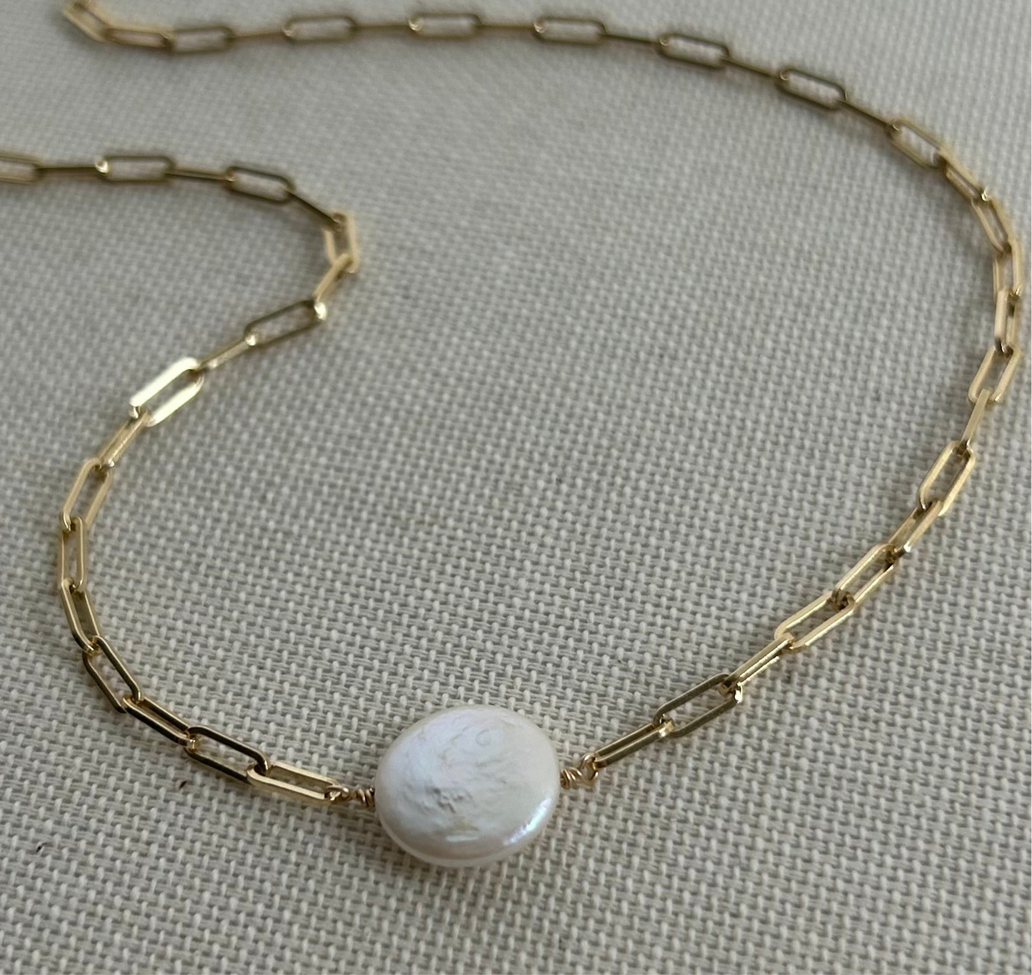 Coin Pearl Necklace on Paperclip Chain