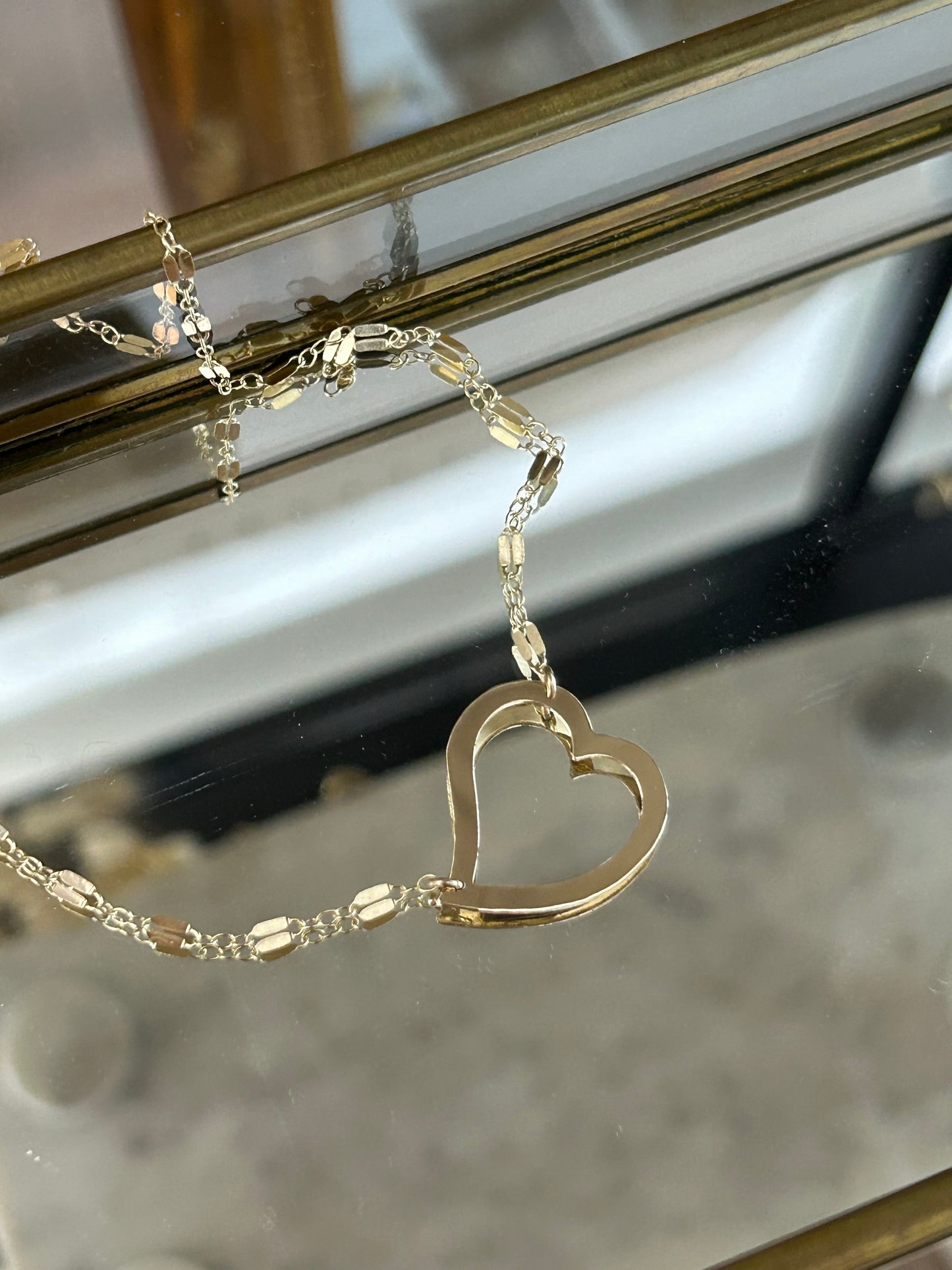 Open Heart Necklace | Tilted Large Heart Pendant | Mirror Bar Chain