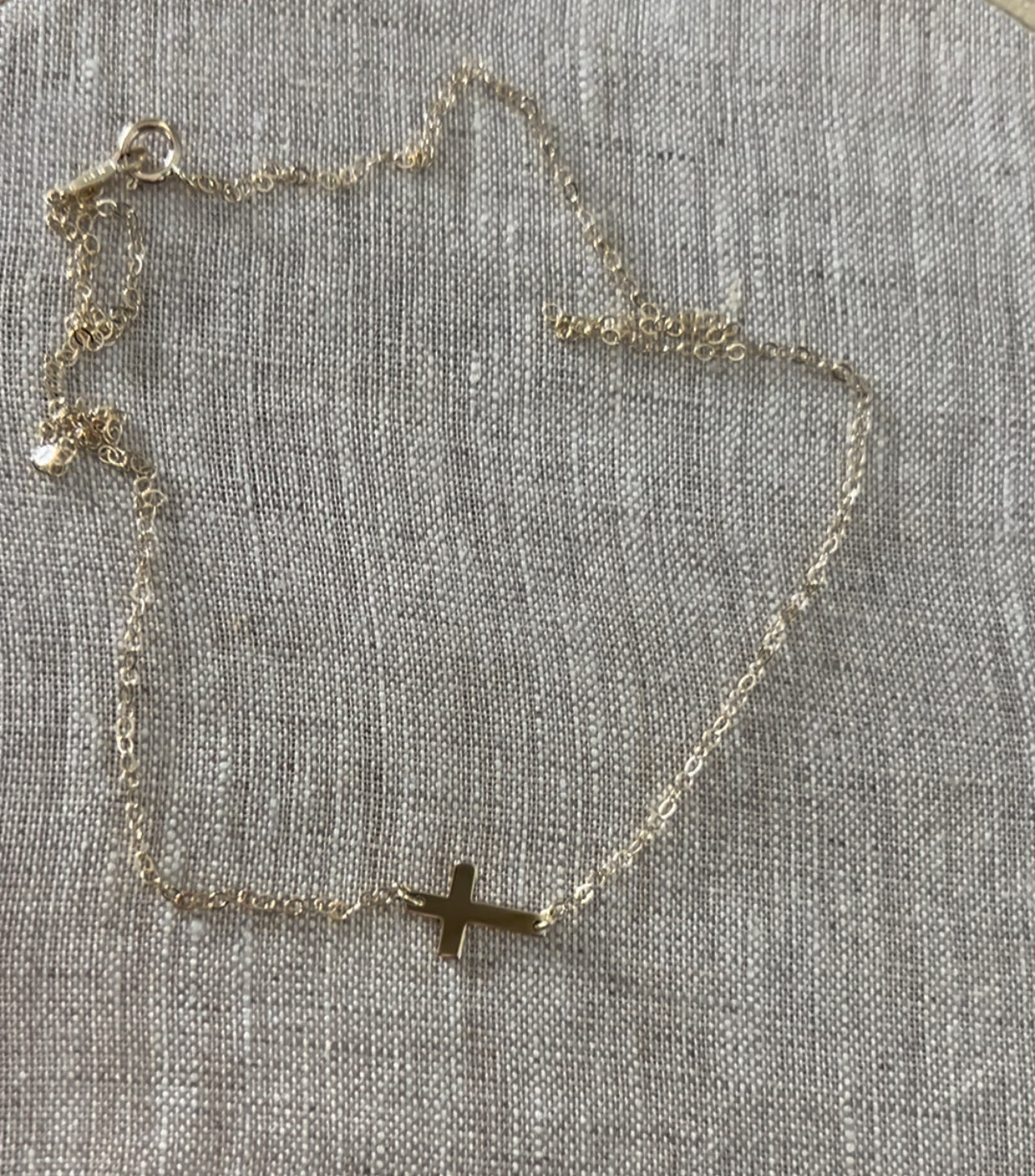 14K Mini Sideways Cross Necklace | Solid Yellow Gold