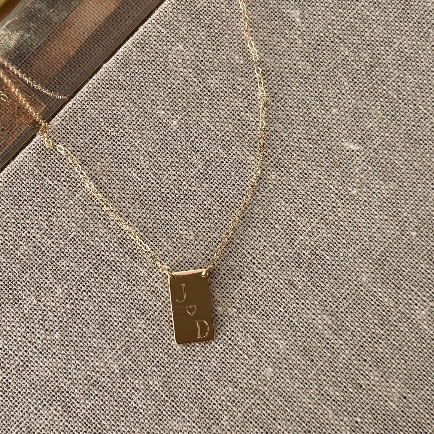 14K Vertical Engraved Bar Necklace | Solid Yellow Gold | Initials with Heart | Custom Personalized Jewelry