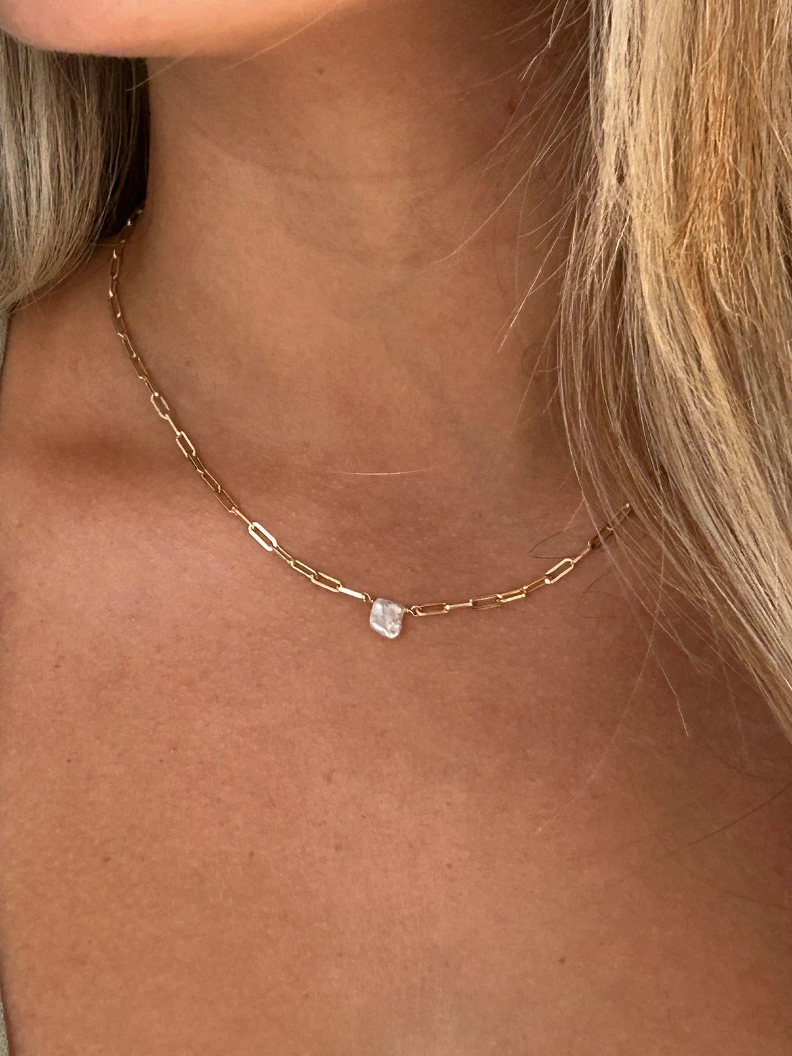 Keshi Pearl Necklace | Baroque Pearl Pendant | Paperclip Chain