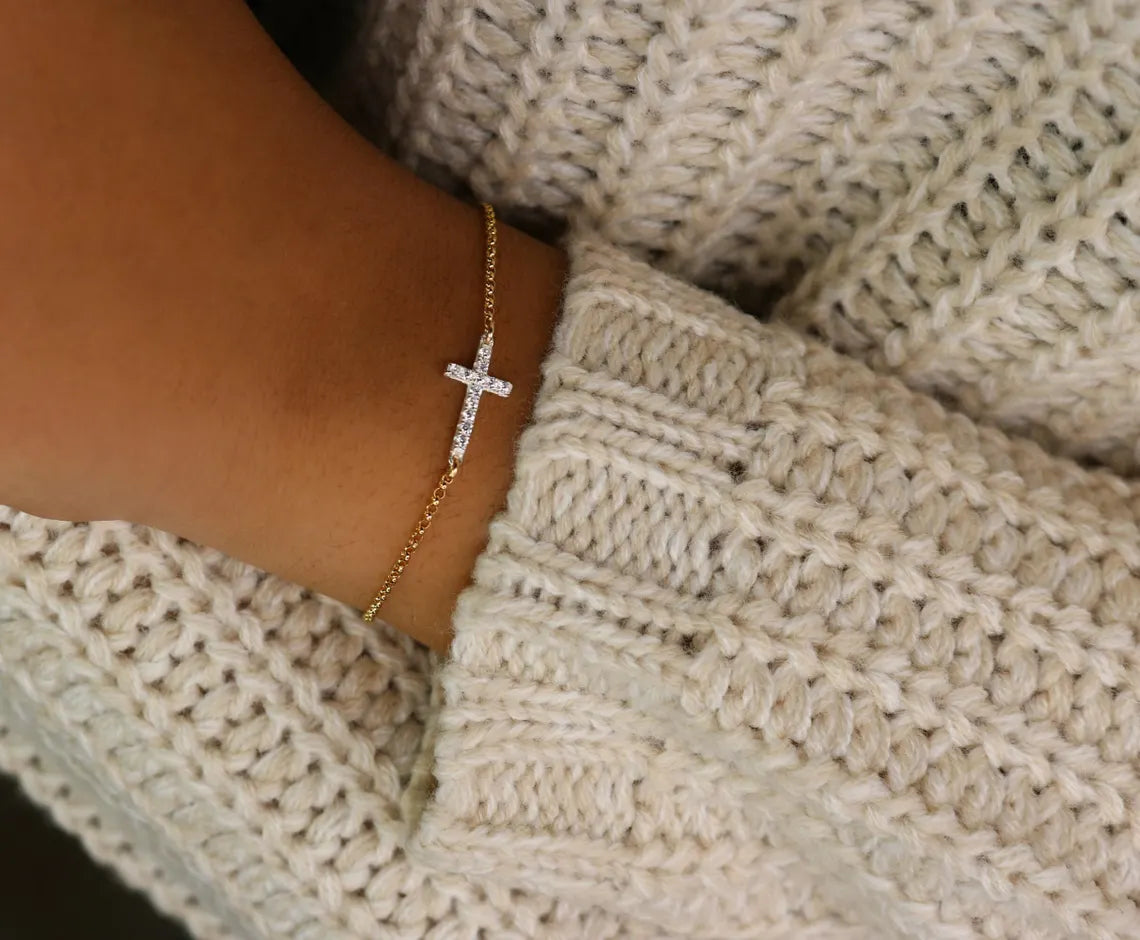 CZ Sideways Cross Bracelet | Sterling Silver & Gold Filled Rolo Chain