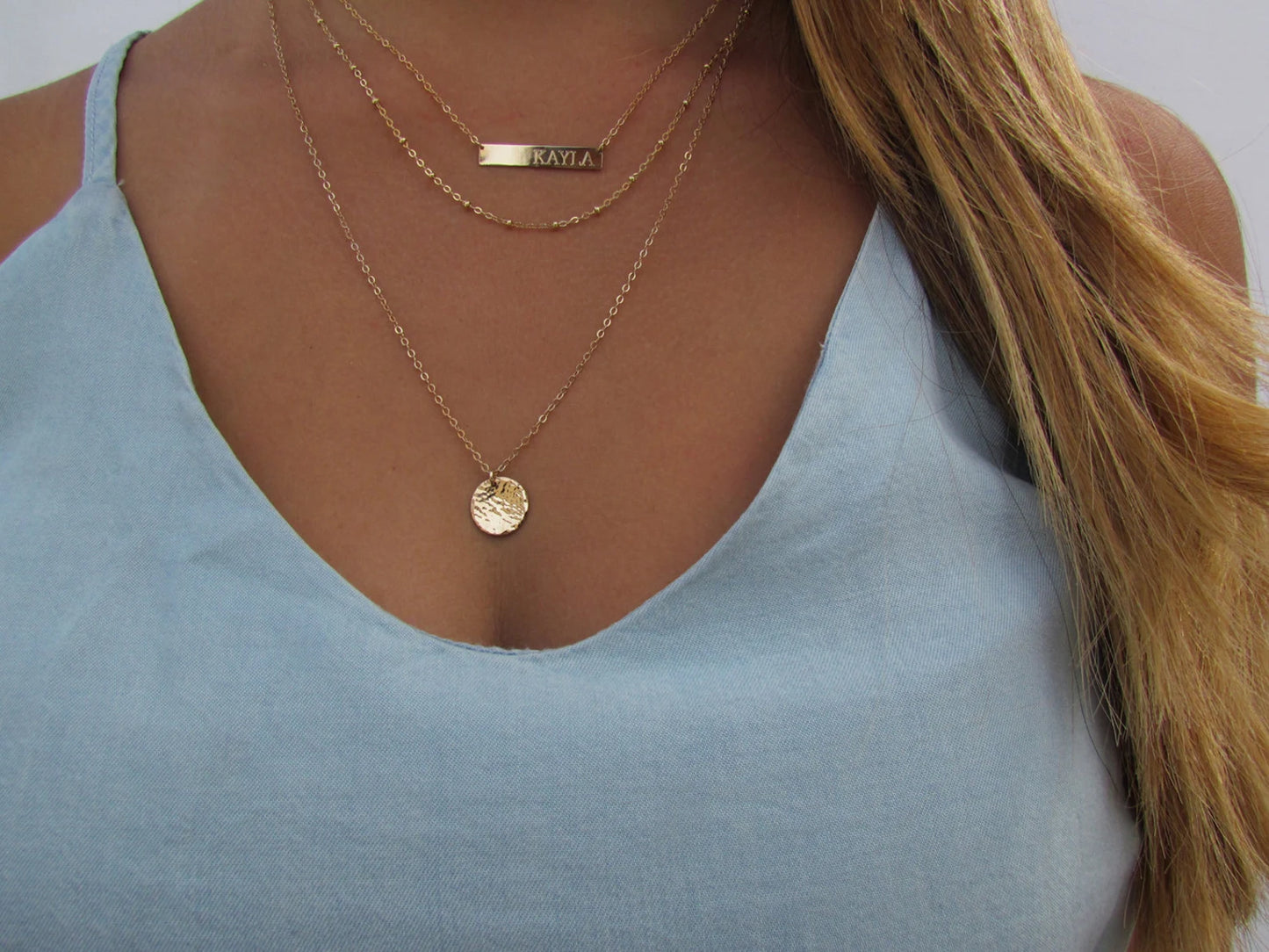Engraved Bar Layering Set | Personalized Bar Necklace, Beaded Chain & Hammered Disc Necklace