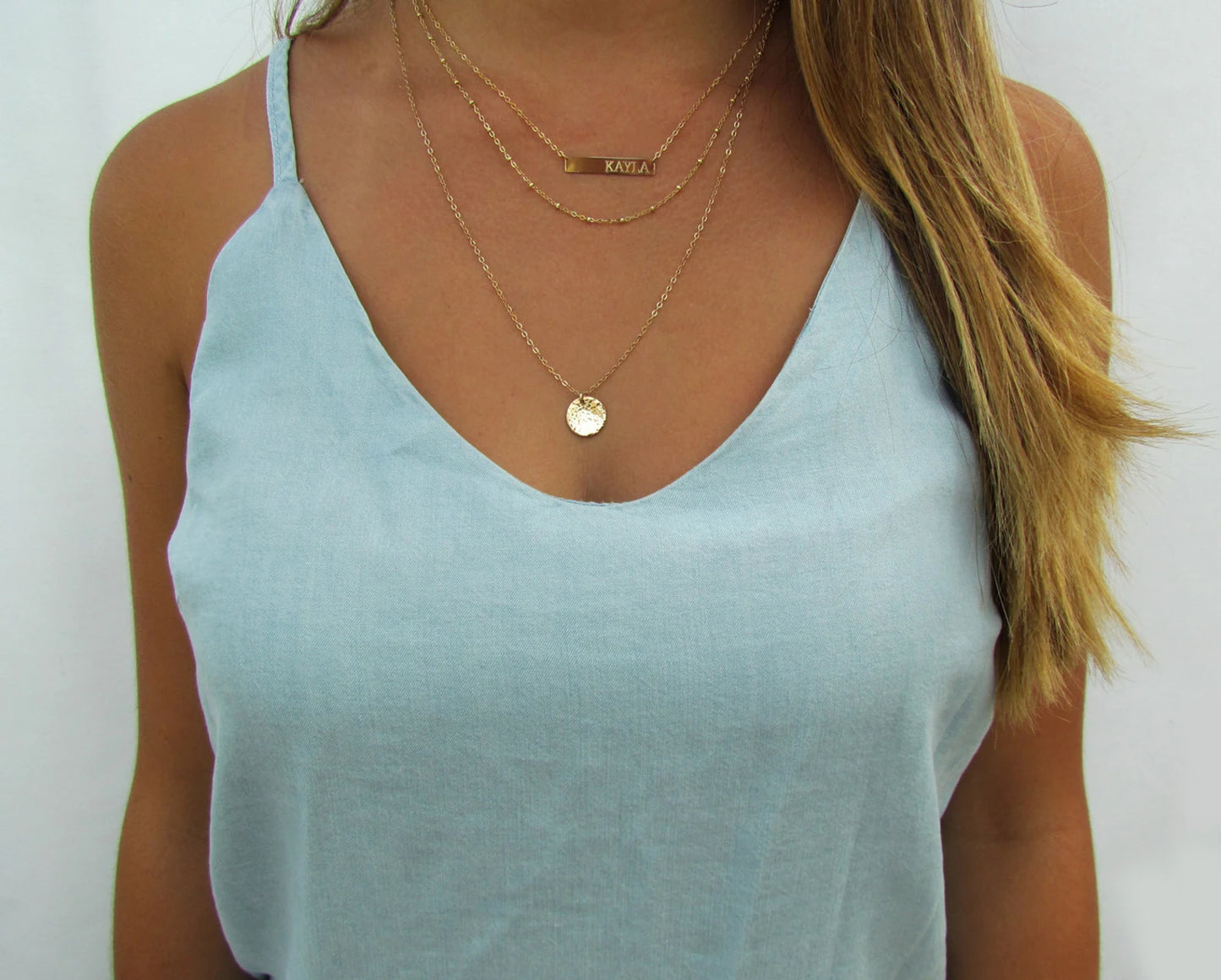 Engraved Bar Layering Set | Personalized Bar Necklace, Beaded Chain & Hammered Disc Necklace
