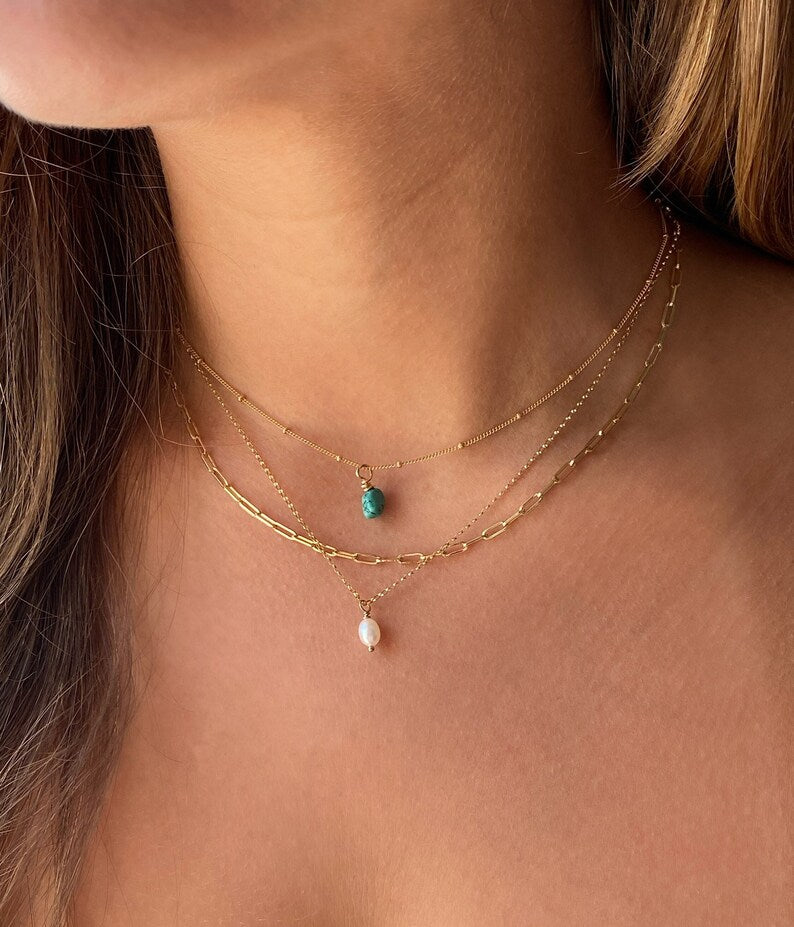 Genuine Turquoise Nugget Necklace | Gold Filled Beaded Satellite Chain