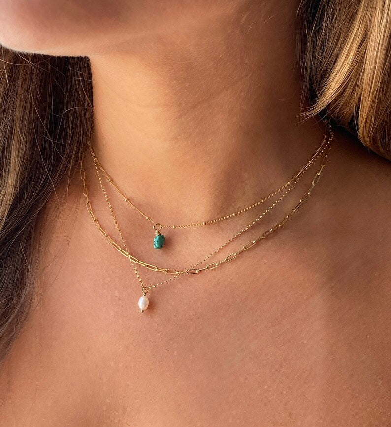 Genuine Turquoise Nugget Necklace | Gold Filled Beaded Satellite Chain