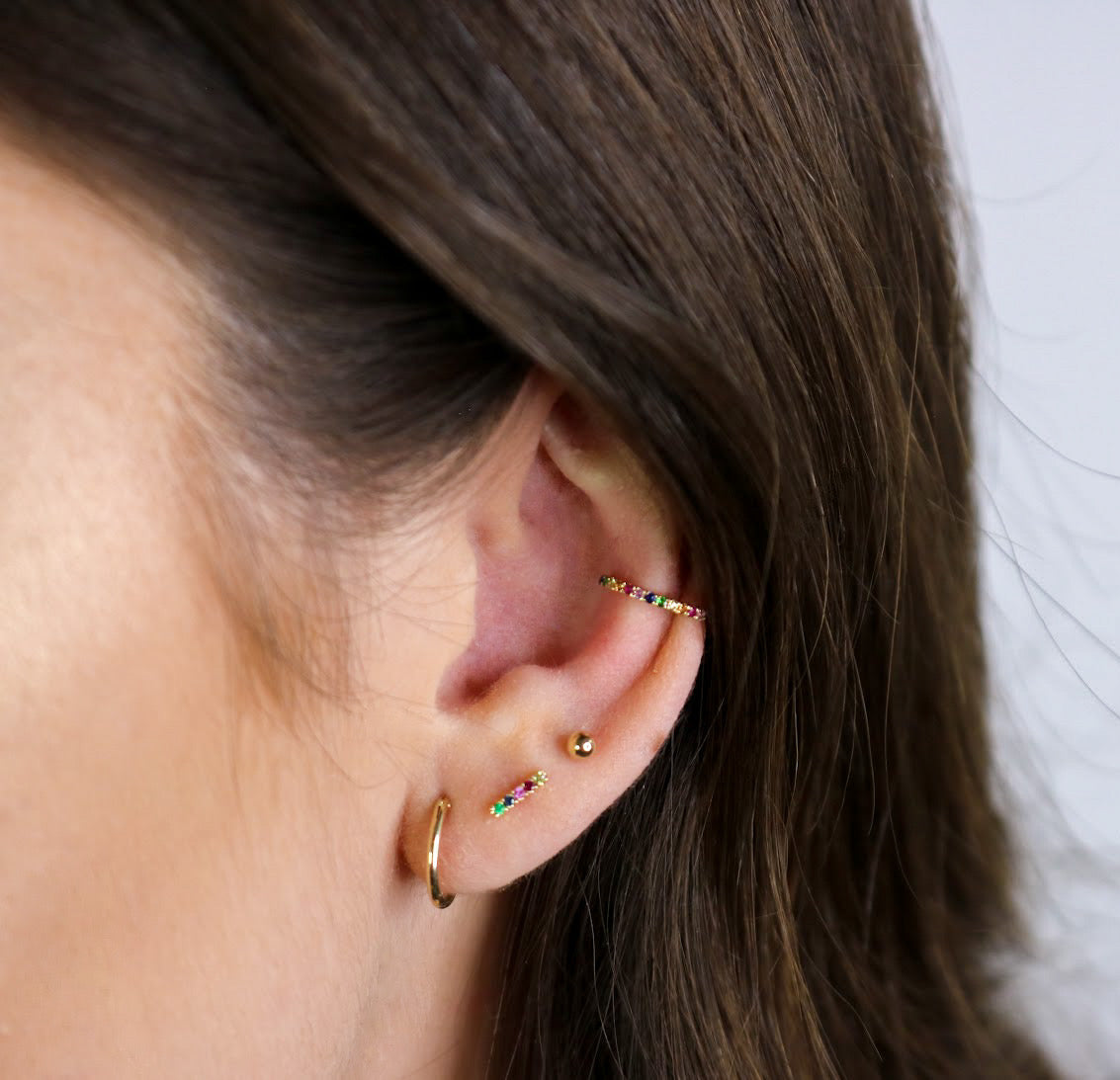 14K Gold Rainbow Sapphire Bar Stud Earrings | Multi-Color Gemstone Studs