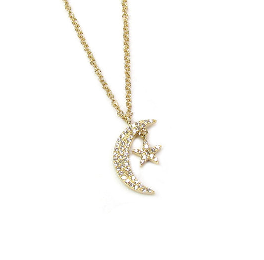 14K Diamond Moon and Star Necklace | Celestial Solid Gold Necklace