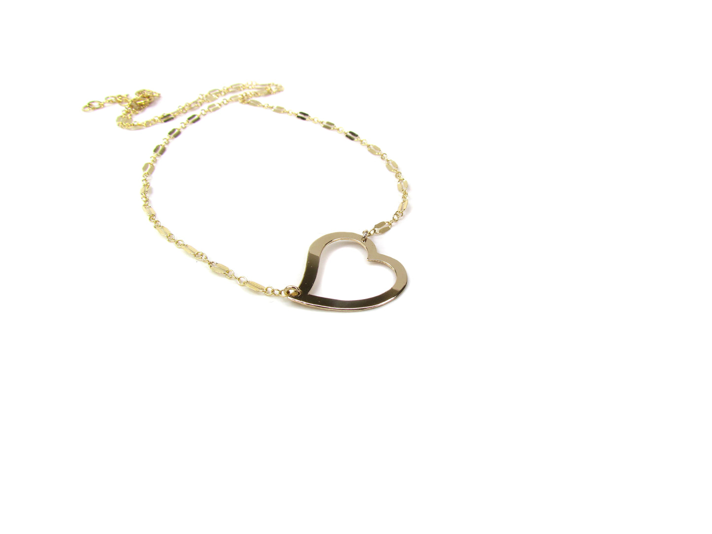 Open Heart Necklace | Tilted Large Heart Pendant | Mirror Bar Chain