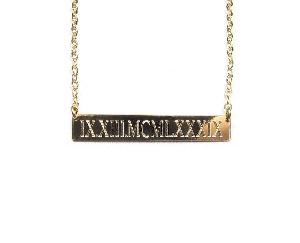 Engraved Roman Numeral Date Bar Necklace | Personalized Gold, Rose Gold & Silver Necklace