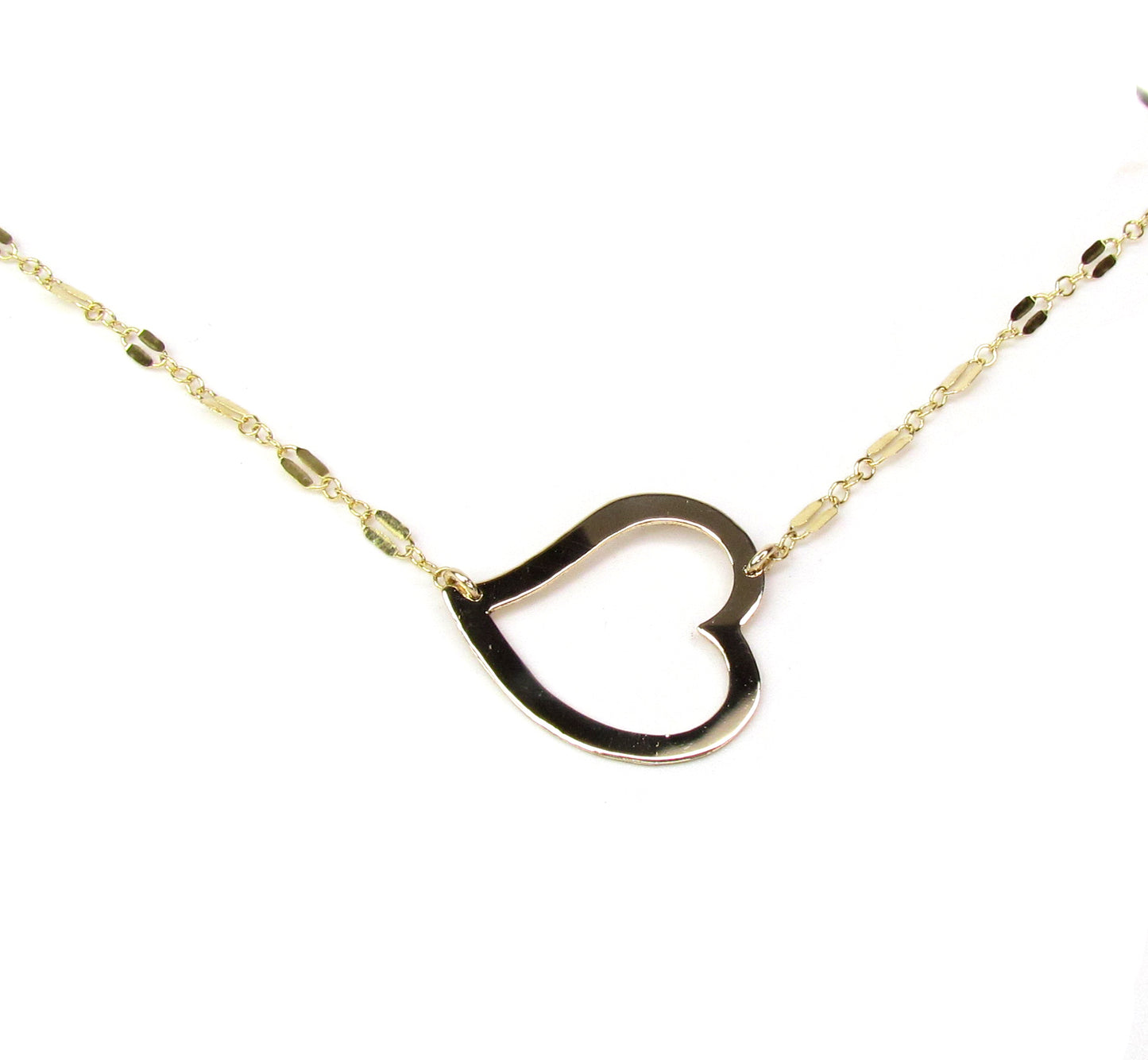 Open Heart Necklace | Tilted Large Heart Pendant | Mirror Bar Chain