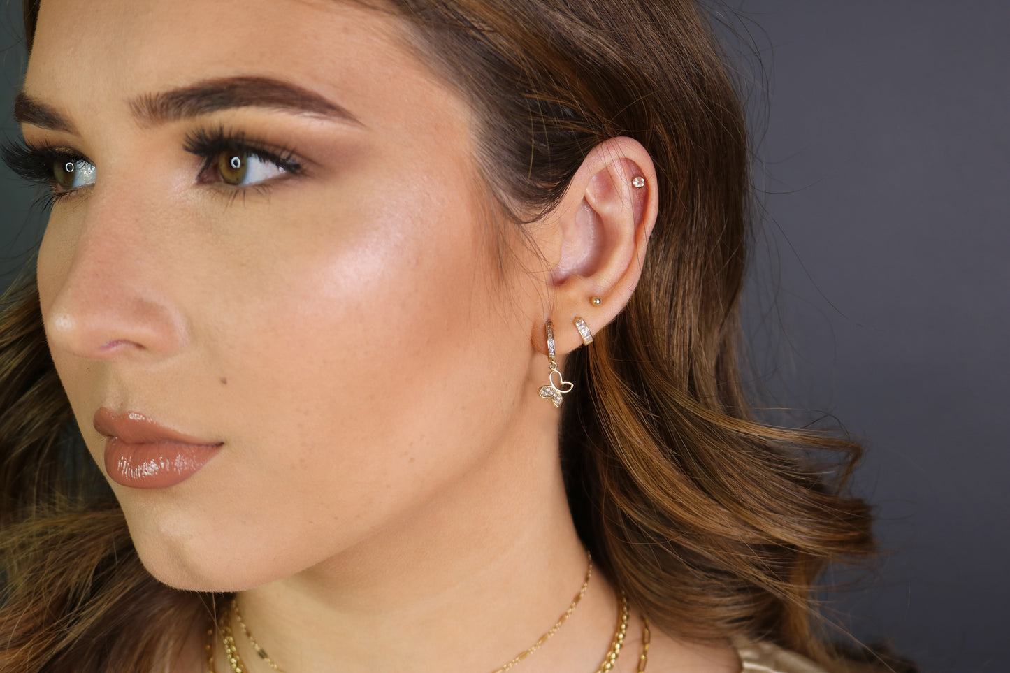 14K Butterfly Charm Hoops
