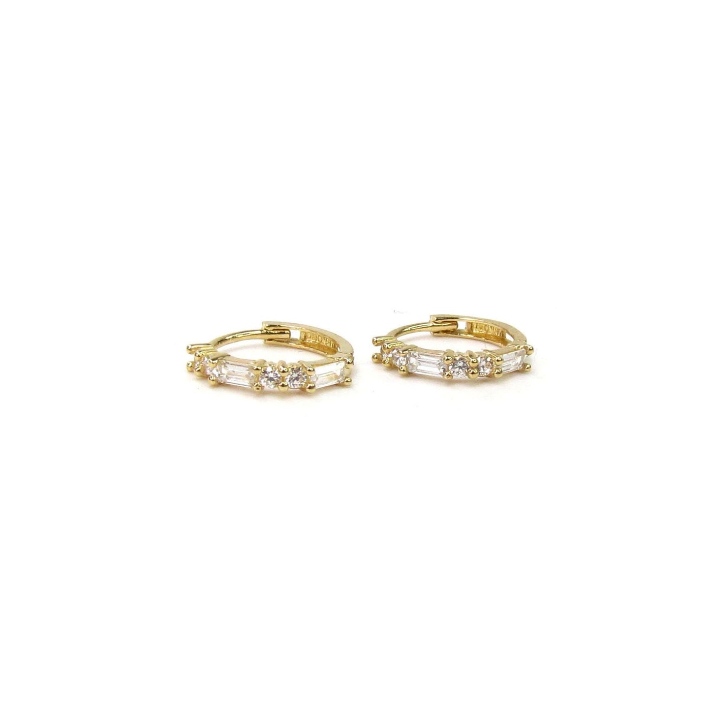 14K Gold Round & Baguette CZ Hoop Earrings | Pair