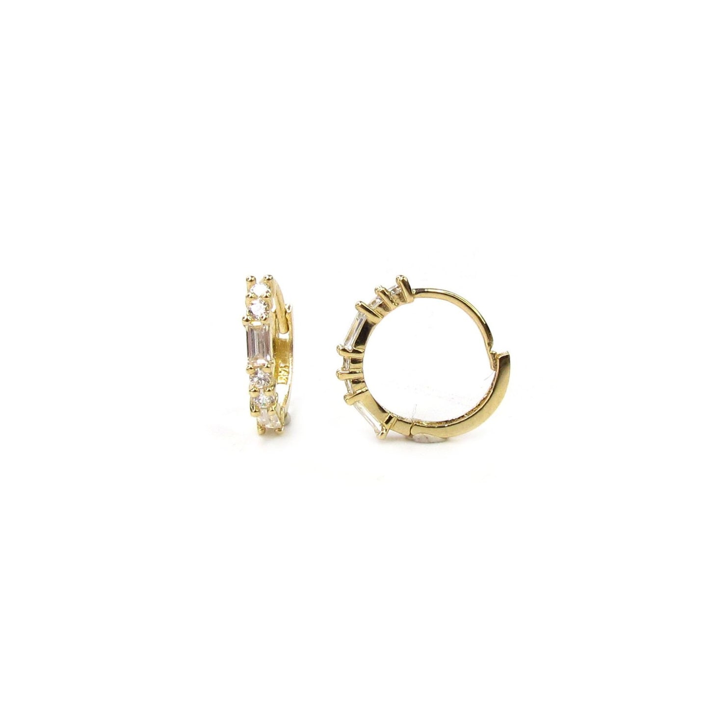 14K Gold Round & Baguette CZ Hoop Earrings | Pair