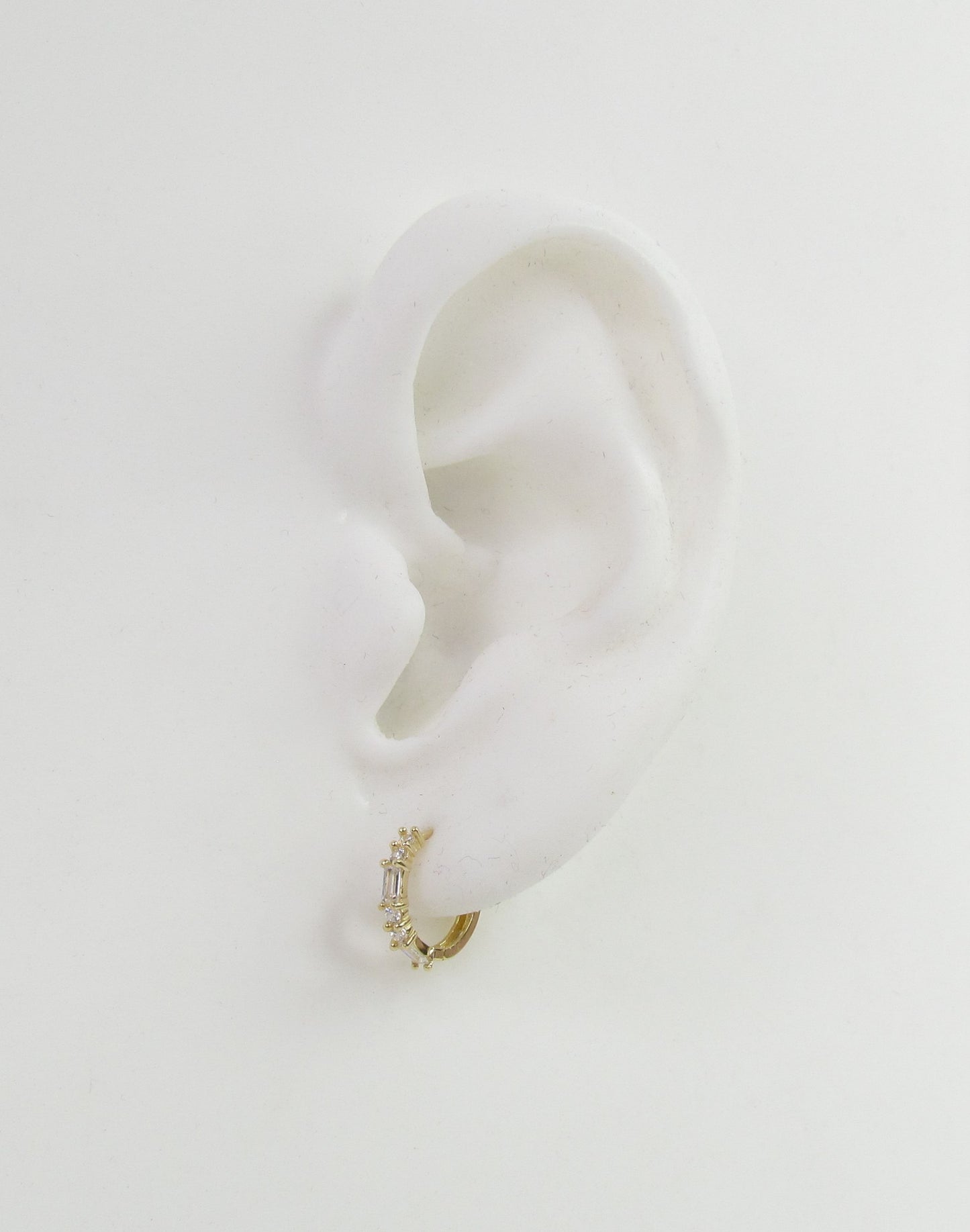 14K Gold Round & Baguette CZ Hoop Earrings | Pair