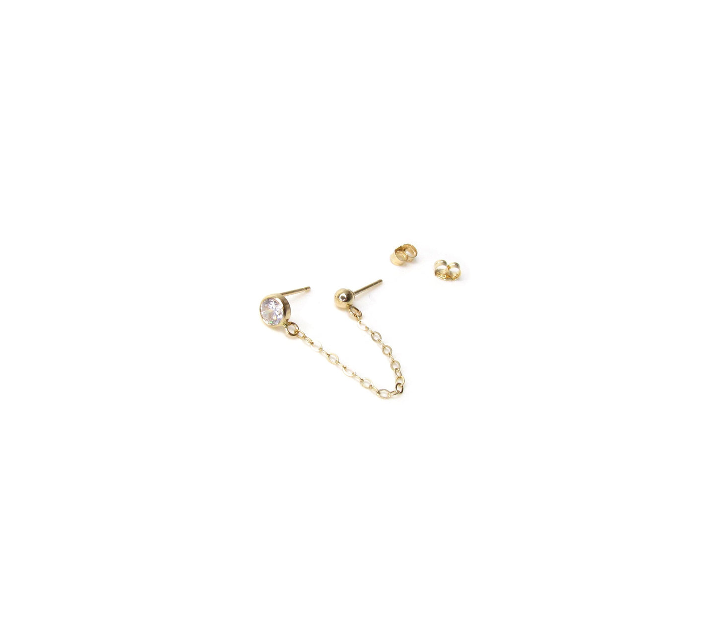 14K CZ & Ball Stud Handcuff Earrings | Double Piercing Gold Earrings | Chain Linked Studs