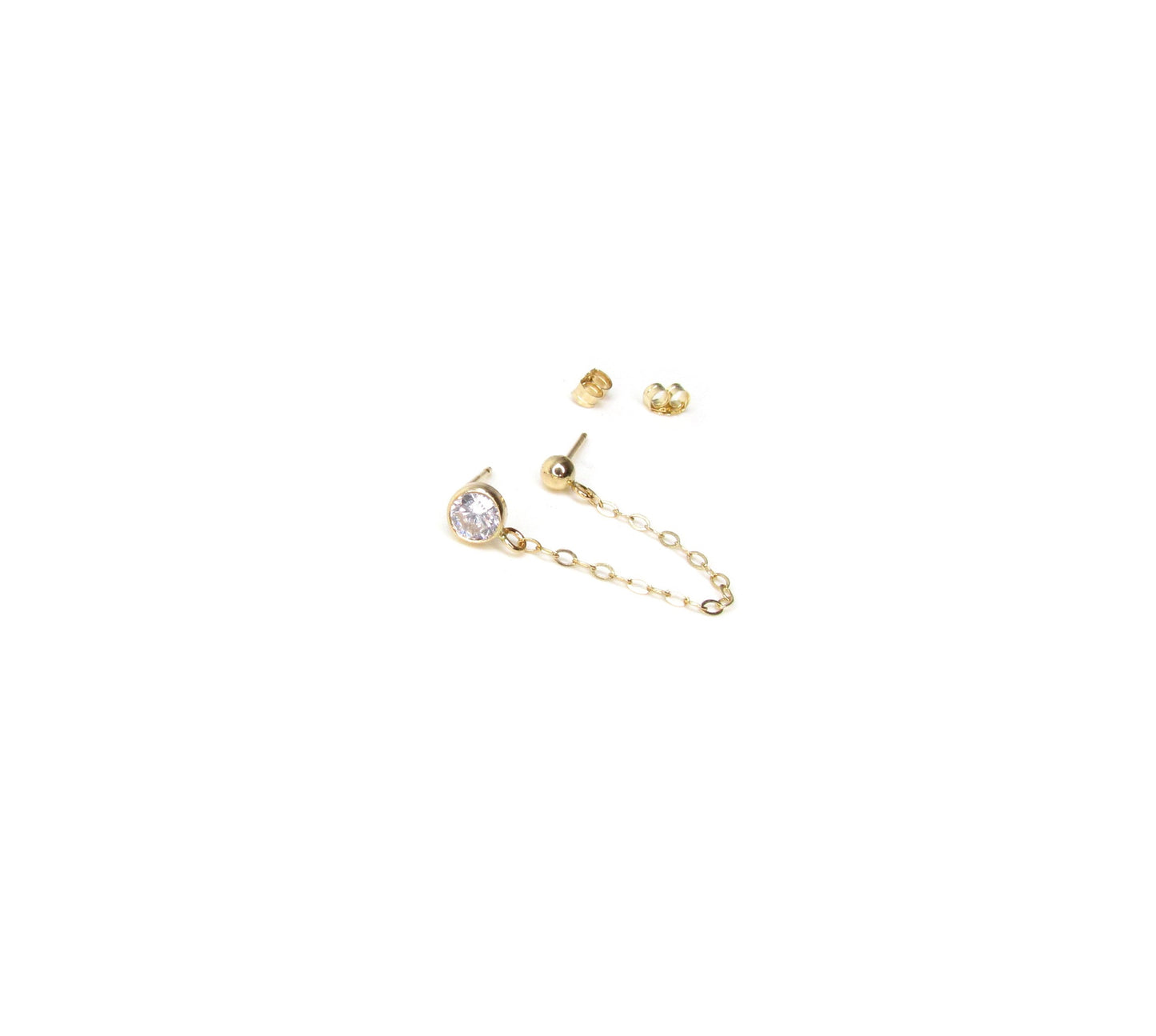 14K CZ & Ball Stud Handcuff Earrings | Double Piercing Gold Earrings | Chain Linked Studs