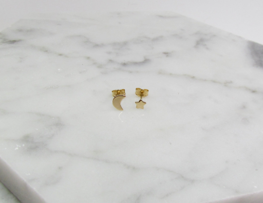 14K Solid Gold Moon & Star Studs | Mismatched Celestial Jewelry