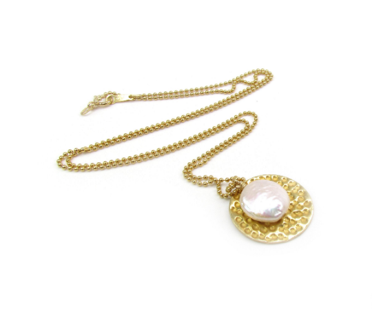 Coin Pearl & Hammered Disc Necklace