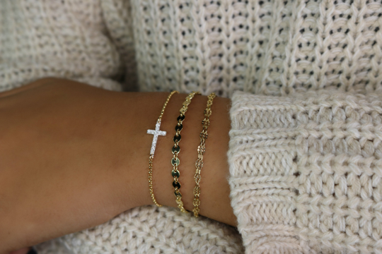 CZ Sideways Cross Bracelet | Sterling Silver & Gold Filled Rolo Chain