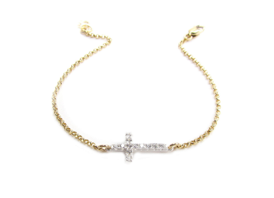 CZ Sideways Cross Bracelet | Sterling Silver & Gold Filled Rolo Chain