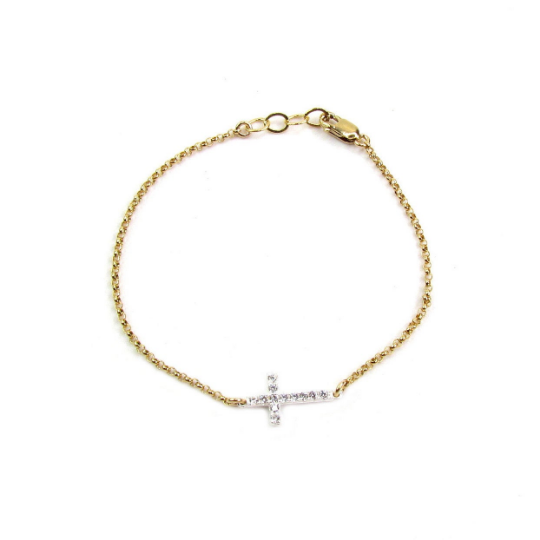 CZ Sideways Cross Bracelet | Sterling Silver & Gold Filled Rolo Chain