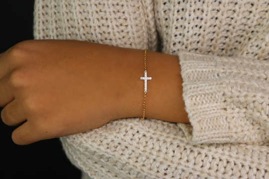 CZ Sideways Cross Bracelet | Sterling Silver & Gold Filled Rolo Chain