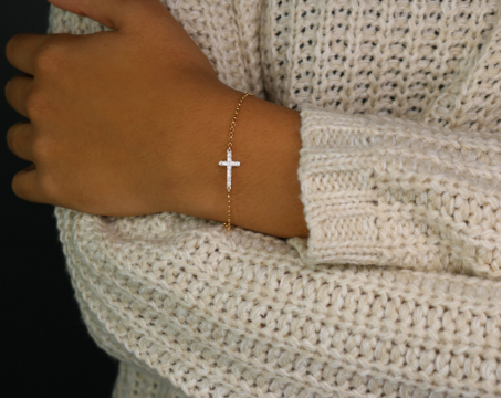 CZ Sideways Cross Bracelet | Sterling Silver & Gold Filled Rolo Chain