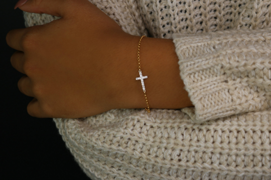 CZ Sideways Cross Bracelet | Sterling Silver & Gold Filled Rolo Chain
