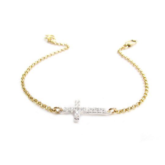CZ Sideways Cross Bracelet | Sterling Silver & Gold Filled Rolo Chain
