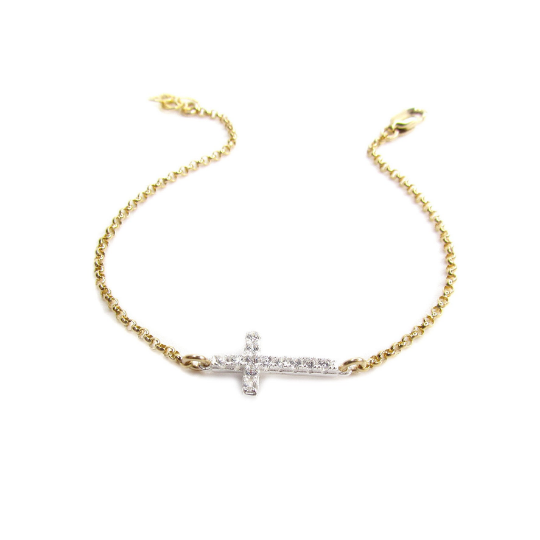 CZ Sideways Cross Bracelet | Sterling Silver & Gold Filled Rolo Chain