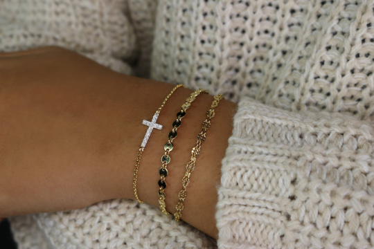 CZ Sideways Cross Bracelet | Sterling Silver & Gold Filled Rolo Chain