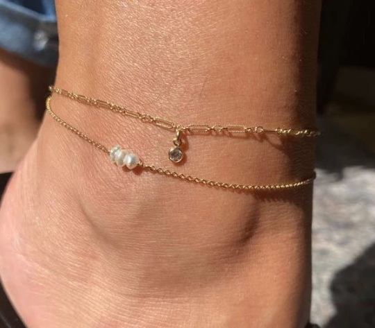 CZ Drop Anklet on Textured 3+1 Chain | Dainty Chain Anklet