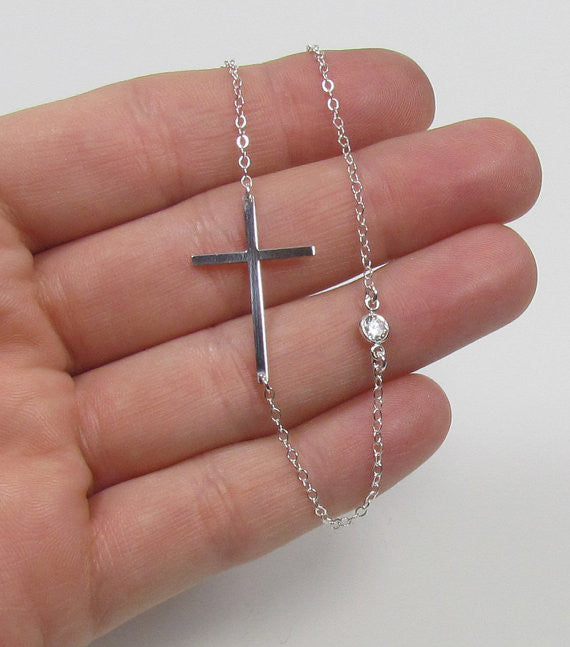 Sideways Cross Necklace with Bezel Set Simulated Diamond