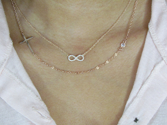 Sideways Cross Necklace with Bezel Set Simulated Diamond