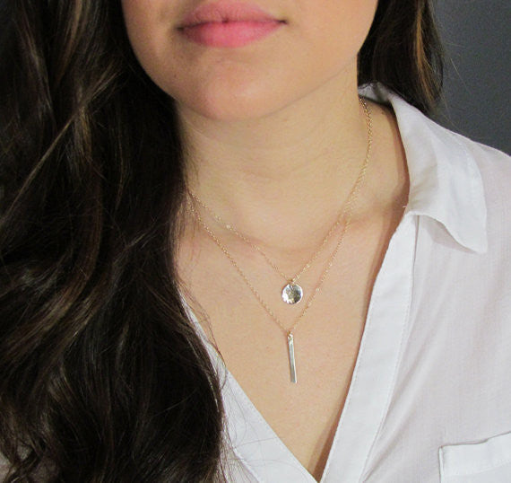 14K Gold Skinny Vertical Bar Pendant | Engravable Necklace