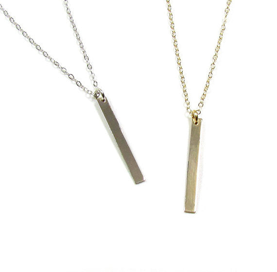 14K Gold Skinny Vertical Bar Pendant | Engravable Necklace
