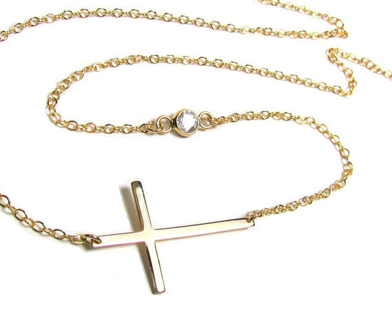 Sideways Cross Necklace with Bezel Set Simulated Diamond