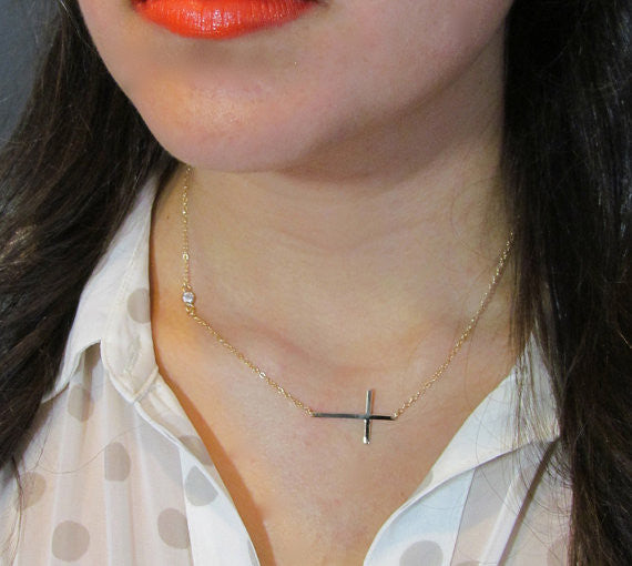 Sideways Cross Necklace with Bezel Set Simulated Diamond