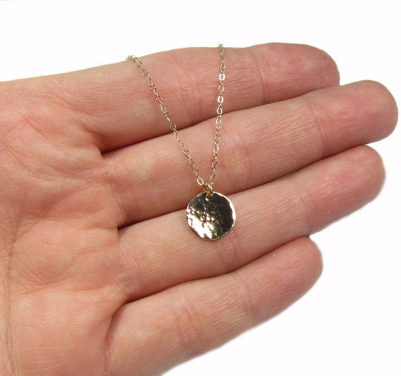 Hammered Disc Engraved Necklace • 14KT Solid Yellow Gold