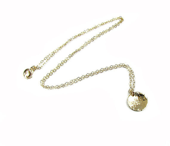 Hammered Disc Engraved Necklace • 14KT Solid Yellow Gold
