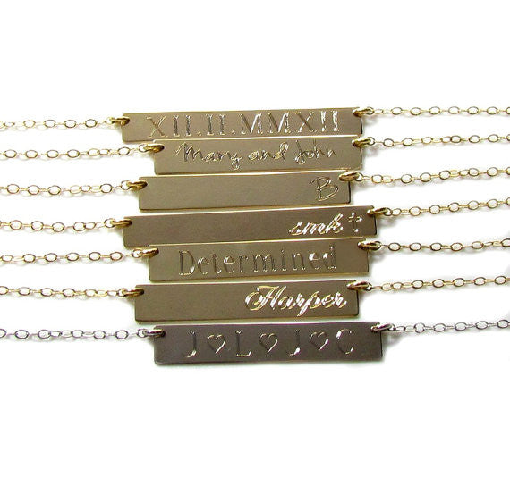 14K Solid Gold Roman Numeral Personalized Bar Necklace | Custom Engraved Date Pendant