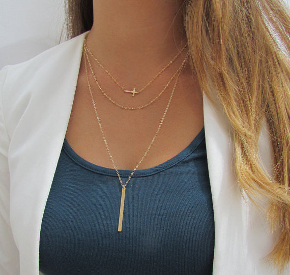 Set of 3 Layering Necklaces - Sideways Cross, Beaded Chain, Long Vertical Bar Necklace