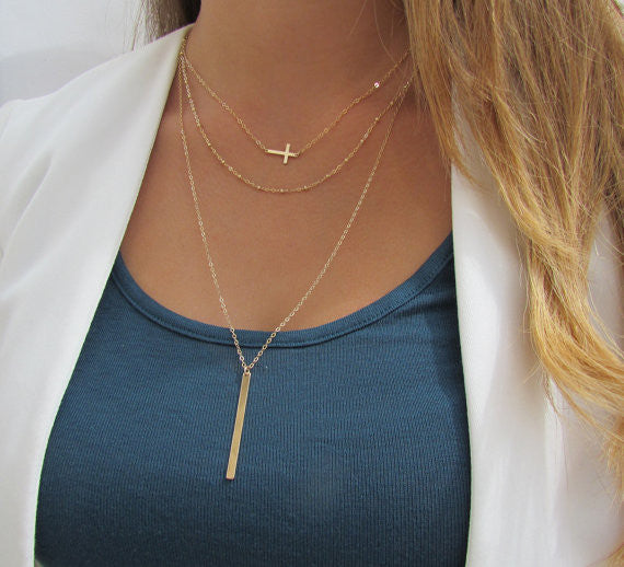 Set of 3 Layering Necklaces - Sideways Cross, Beaded Chain, Long Vertical Bar Necklace
