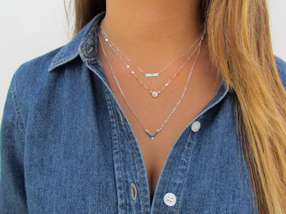Set of 3 Layering Necklaces | Tiny Dash Bar, Lace Reflective Chain & Small Chevron Necklace