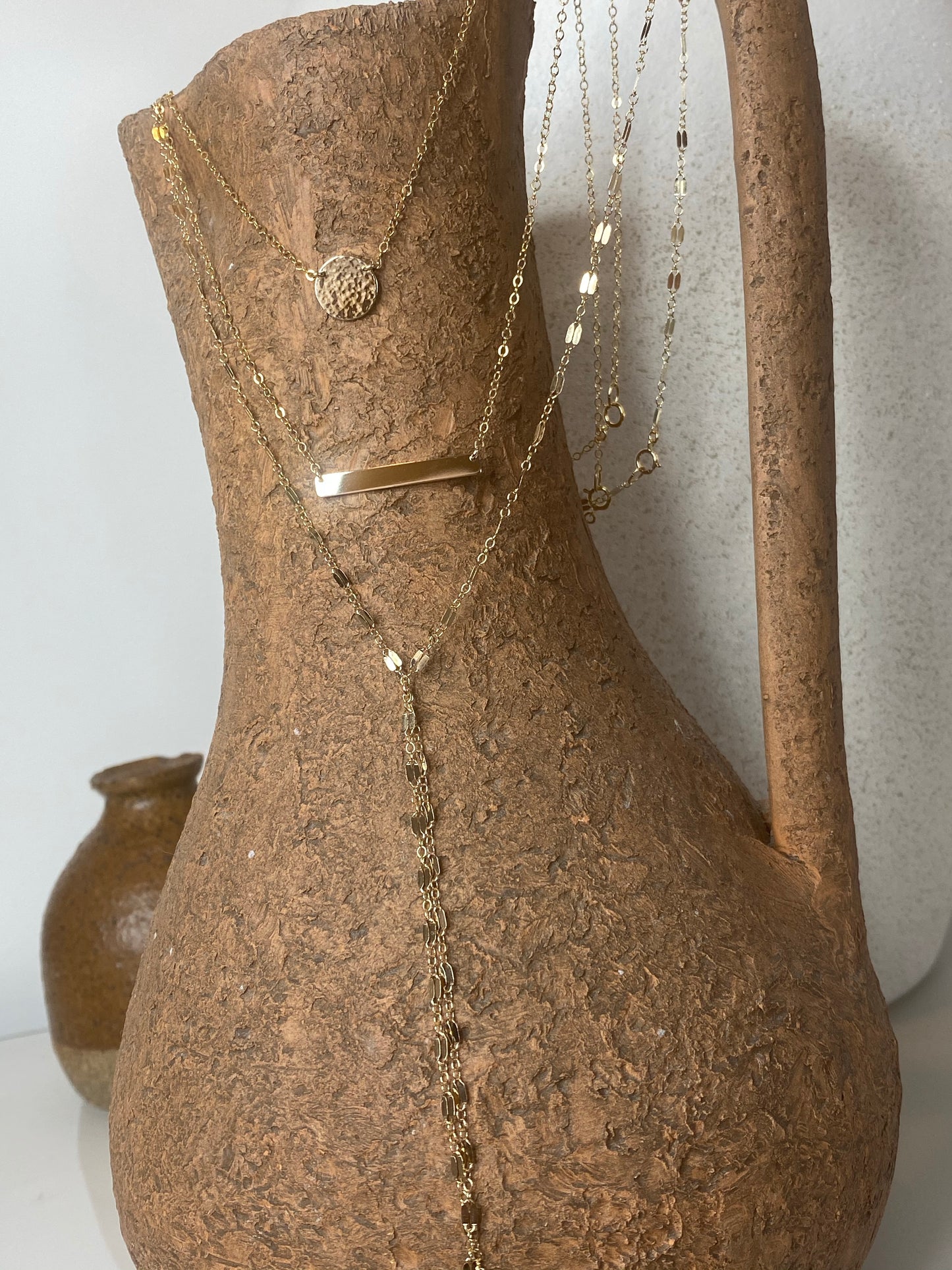 Set of 3 Layering Necklaces | Hammered Disc, Engraved Bar & Textured Long Y Lariat