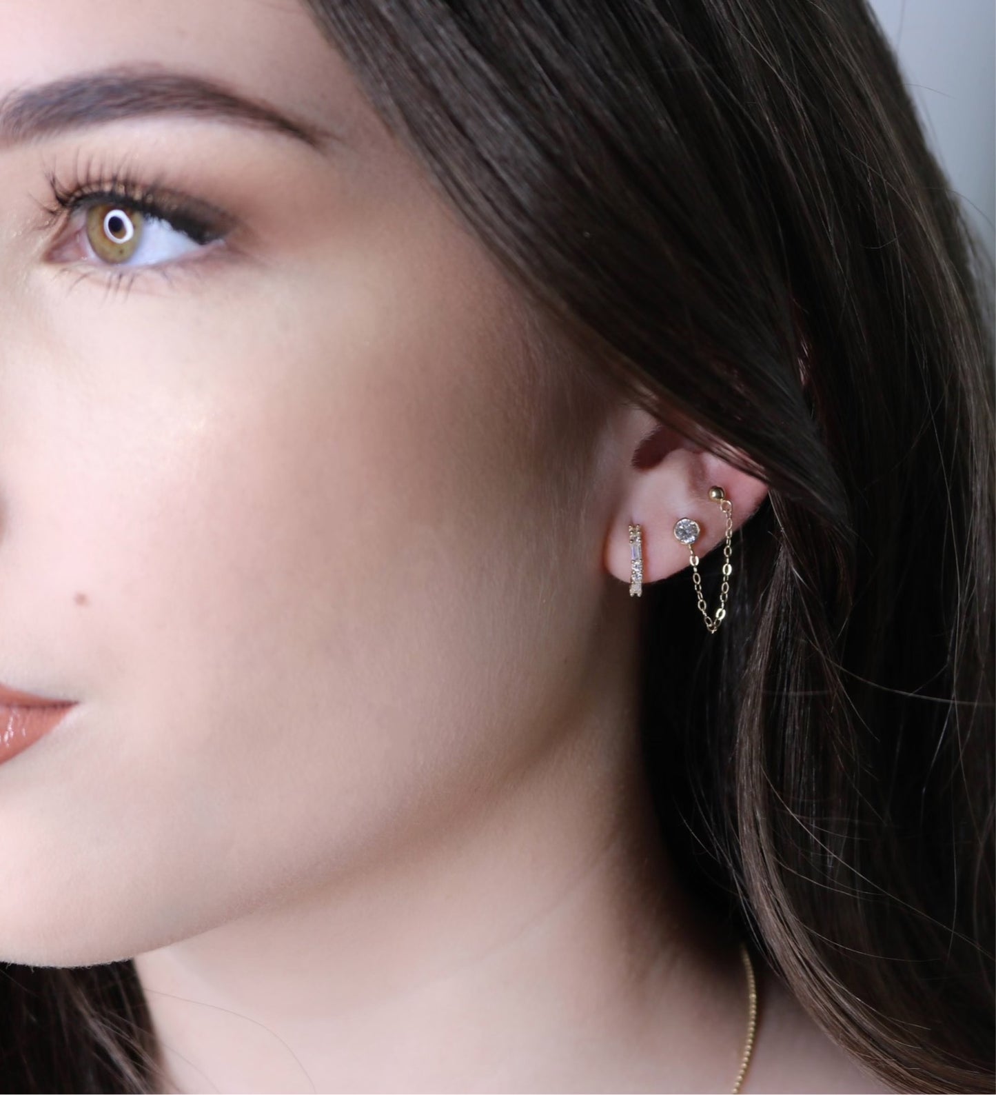 14K CZ & Ball Stud Handcuff Earrings | Double Piercing Gold Earrings | Chain Linked Studs