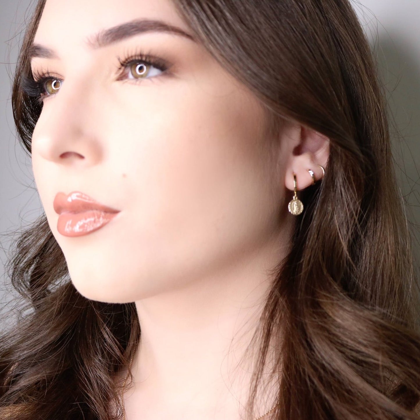 14K Gold Virgin Mary Hoop Earrings | Religious Medallion Jewelry